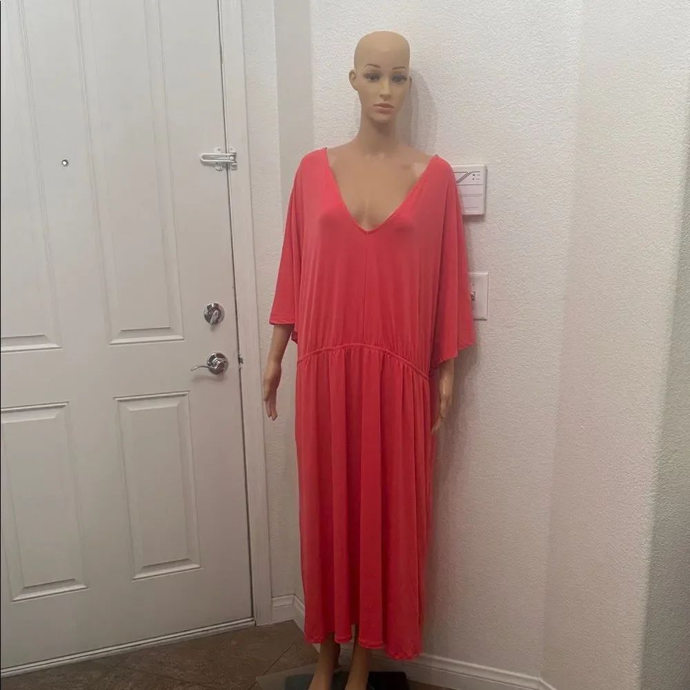 Lane Bryant Coral V-Neck Maxi Dress Short Sleeve Size 26-28 Pockets Stretchy